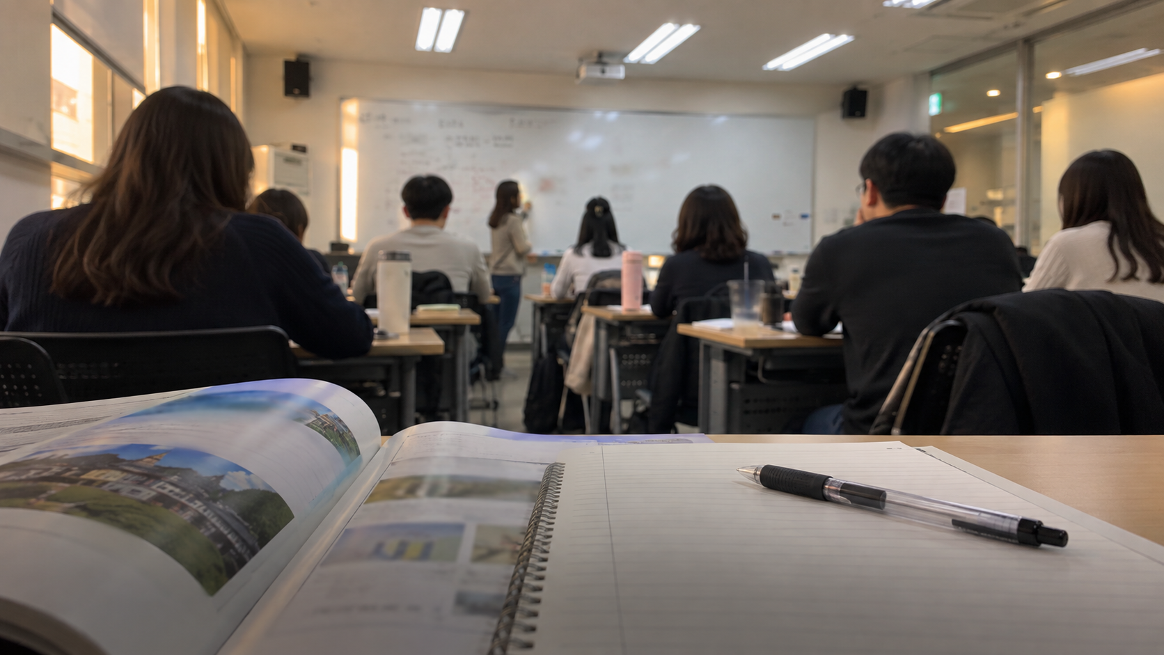 교실 뒤편에서 촬영한 어학원 수업 풍경